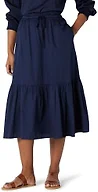 Amazon Essentials Women's Relaxed-Fit Midi-Length Tiered Cotton Sateen Skirt, Navy, Large