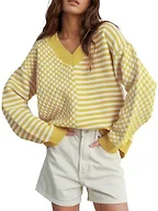 UNCLECAT Womens V Neck Striped Sweater - Yellow, Medium