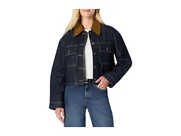 Amazon Essentials Women's Oversized-Fit Cropped Denim Jacket with Contrast Corduroy Collar, Rinse, Small