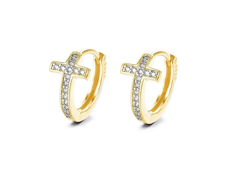 14K Gold Plated Cross Huggie Earring