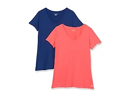 Amazon Essentials Women's Active Quick Dry Tech Stretch Short-Sleeve V-Neck T-Shirt, Moisture-Wicking, Pack of 2, Coral Orange/Navy, X-Small