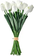 Mikasa Faux Tulips Artificial Flowers, White Tulip Stems with Greenery, Set of 20 Realistic Plastic Silk Flowers, Fake Tulip Bouquet for Home Decor Vase, Floral Arrangement