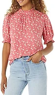 Amazon Essentials Women's Fluid Twill Short Puff Sleeve Ruffle Smock Detail Blouse, Raspberry Red Floral, XX-Large