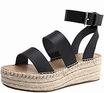 The Drop Women's Listilla Espadrille Flatform Ankle Strap Sandal Wedge, Faux Leather Black, 5