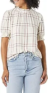 Amazon Essentials Women's Fluid Twill Short Puff Sleeve Ruffle Smock Detail Blouse, Burgundy Ecru Plaid, XX-Large