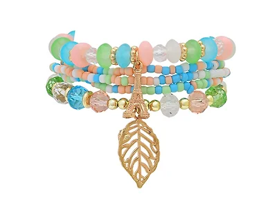 Stretch Beaded Bracelet Stack with Leaf Charm