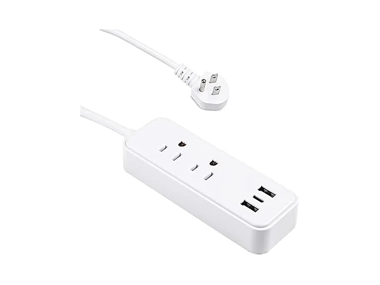 Clear Power 6FT 2-Outlet White Power Strip with 3 USB Ports(1 USB-C), Flat Plug