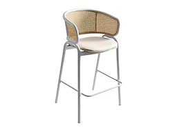 LeisureMod Ervilla Wicker Bar Stool with Fabric Seat and White Steel Frame - White leather
