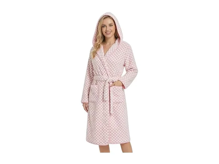 Checkered Hooded Bathrobe for Women