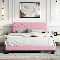 IOILORI Queen Size Bed Frame Platform with Upholstered Headboard, Sturdy Wooden Slats, Noiseless, No Springs Required, Easy to Assemble Pink