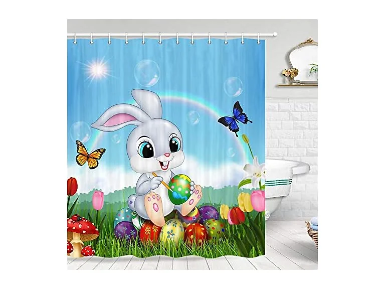 JAWO Easter Shower Curtain, Eggs with Bunny