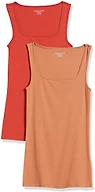 Amazon Essentials Women's Slim Fit Square Neck Ribbed Tank Tops with Stretch, Pack of 2, Brick Red/Light Caramel, X-Small