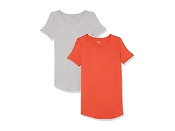 Amazon Essentials Women's Short-Sleeve Scoopneck Tunic Tops, Pack of 2, Light Grey Heather/Tomato Red, X-Small