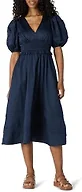 Amazon Essentials Women's Regular-Fit Cotton Sateen Puff Sleeve Midi Dress, V-Neck, Navy, XX-Large