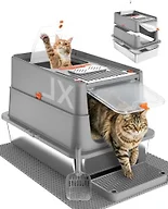 Stainless Steel Litter Box with Flip Lid, XL Extra Large Cat Litter Box with High Sided Top Entry Design, Anti-Leakage Enclosed Metal Litterbox for Big Cats, with Handle, Mat, Pedal & Scoop Grey