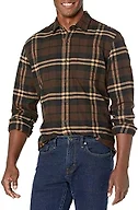 Amazon Essentials Men's Regular Fit Long-Sleeve Flannel Shirt, Soft Brushed Cotton, Lightweight yet Warm, Dark Brown Plaid, Medium