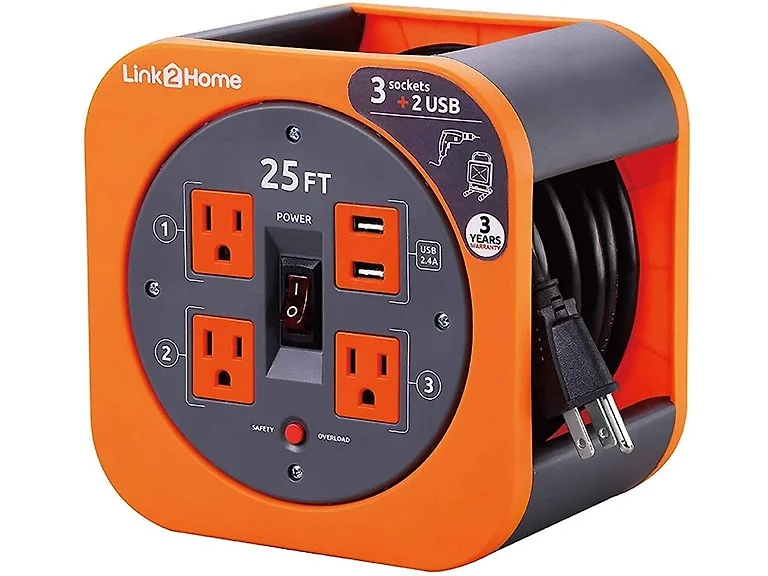 Link2Home 25' 16AWG Extension Cord Reel w/ USB