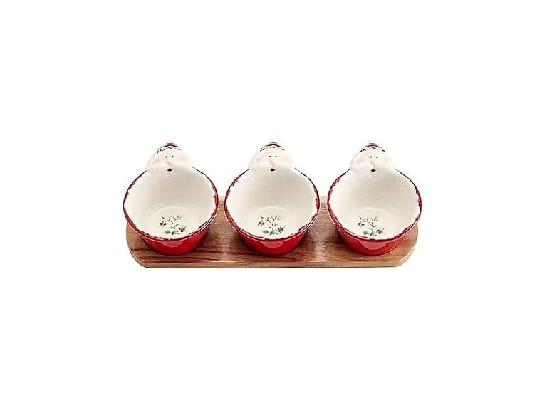 Pfaltzgraff Winterberry Santa Dip Bowls with Wood Base, Set Of 3