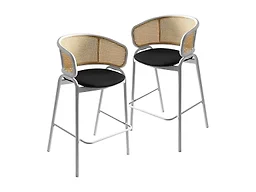 LeisureMod Ervilla Wicker Bar Stool with Fabric Seat and White Steel Frame - Black leather - Set of 2
