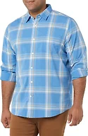 Amazon Essentials Men's Long-Sleeve Regular-Fit Stretch Poplin Shirt Shirt, -Light Blue/Indigo, Plaid, X-Small