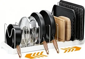 MUDEELA Pots and Pans Organizer under Cabinet, Pan Pot Organizer Inside Cabinet, Expandable 12.9''-21.88'' Pot Lid Organizer Holder with 10 Adjustable Dividers for Cutting Boards, Pan Lid Rack, White