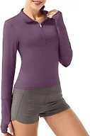 GGOV Crop Tops Women's Long Sleeve Workout Shirt with Half Zip Closure, Slim Fit, and Buttery-Soft Fabric Deep Purple