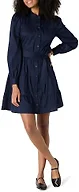 Amazon Essentials Women's Regular-Fit Cotton Sateen Tiered Shirt Dress with Puff Shoulder Sleeves, Collar Band, Button-Front, Navy, X-Large