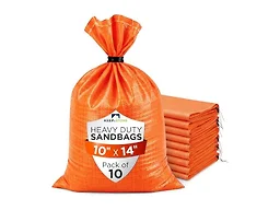 Heavy Duty Sand Bags Pack of 10, Bright Orange Empty Sandbags with Built-In Ties, Woven Polypropylene UV Protection 1600 Hours, Fillable Bags for Flood Control, Weight, 10x14 inches, 15 Pounds Volume