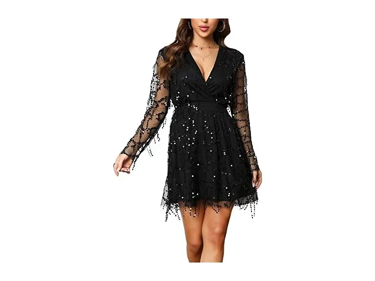 Dgmyg Women (M) Sexy V Neck Sequin Glitter Dress