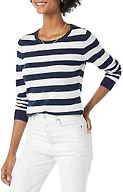 Amazon Essentials Women's Long-Sleeve Lightweight Crewneck Sweater, Navy White Rugby Stripe, X-Large