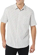 Amazon Essentials Men's Short Sleeve Button Down Shirt, Stretch Cotton, Blue Peach Plaid, Available in Big & Tall, Pink/Multicolor, Stripe, X-Small