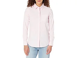 Amazon Essentials Women's Long Sleeve Button Down Stretch Oxford Shirt (Available in Plus Size), Light Pink White Stripe, Medium