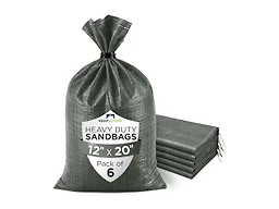 Heavy Duty Sand Bags Pack of 6, Army Green Empty Sandbags with Built-In Ties, Woven Polypropylene UV Protection 1600 Hours, Fillable Bags for Flood Control, Weight, 12x20 inches, 25 Pounds Volume