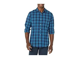 Amazon Essentials Men's Long-Sleeve Slim-Fit Stretch Poplin Shirt Shirt, Navy/Indigo, Plaid, X-Small