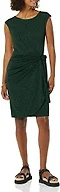 Amazon Essentials Women's Cap Sleeve Boat-Neck Faux Wrap Pleated Matte Jersey Dress, Dark Green Animal, Small