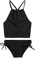 Kanu Surf Girls, Daisy UPF 50 Beach Sport Halter Tankini 2-piece Swimsuit, Popcorn Solid Black, 2T
