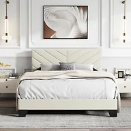 IOILORI Full Size Bed Frame Platform with Upholstered Headboard, Sturdy Wooden Slats, Noiseless, No Springs Required, Easy to Assemble Beige
