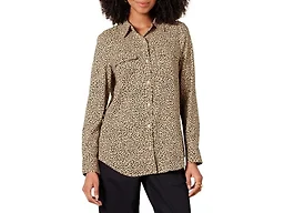 Amazon Essentials Women's Georgette Long Sleeve Relaxed-Fit Business Casual Office Work Shirt with Pockets, Taupe Leopard, Medium