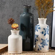 LIFESTYLO Ceramic Vintage Vase Set of 3, Blue and White Crackle Glaze, Chinoiserie Floral Decor for Farmhouse Shelf, Table Centerpiece, Mantel, Living Room & Office