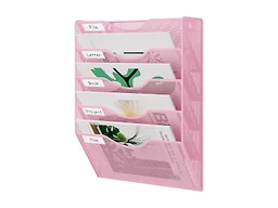 EasyPAG Wall File Organizer 5 Tier Hanging Paper Folder Holder, Zero Assembly Metal Mesh Wall Mounted Mail Organizer for Office Home Classroom Narrow Spaces, Pink