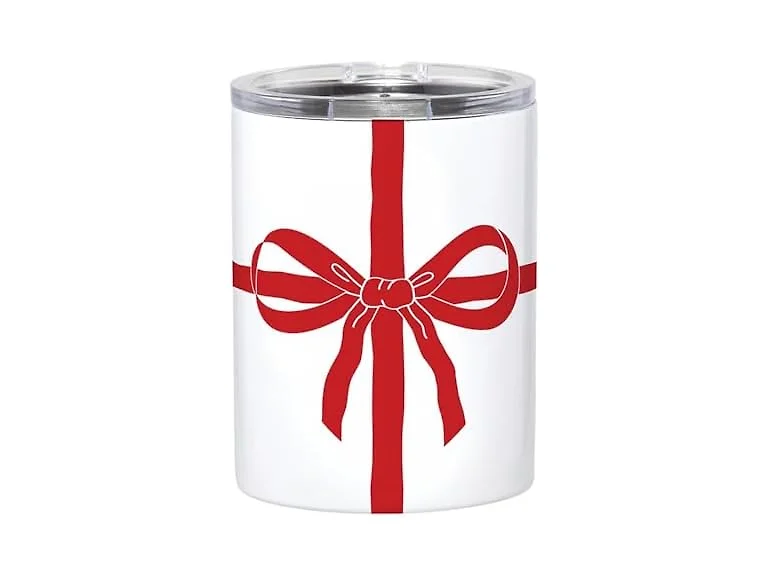 Travel Tumbler 12-Ounce, White Red Bow