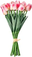 Mikasa Faux Tulips Artificial Flowers, Pink Tulip Stems with Greenery, Set of 20 Realistic Plastic Silk Flowers, Fake Tulip Bouquet for Home Decor Vase, Floral Arrangement