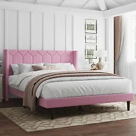 IOILORI Queen Size Bed Frame with Velvet Upholstered Headboard, Platform Bed Frame No Box Spring Needed, Modern Bedframe with Strong Wooden Slats, Pink