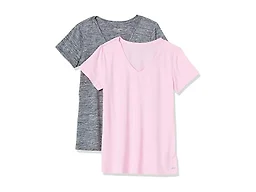 Amazon Essentials Women's Active Quick Dry Tech Stretch Short-Sleeve V-Neck T-Shirt (Available in Plus Size), Pack of 2, Grey Space Dye/Light Pink, X-Small