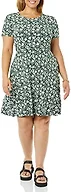Amazon Essentials Women's Gathered Short Sleeve Crew Neck A-line Dress (Available in Plus Size), Dark Green, Floral, X-Small