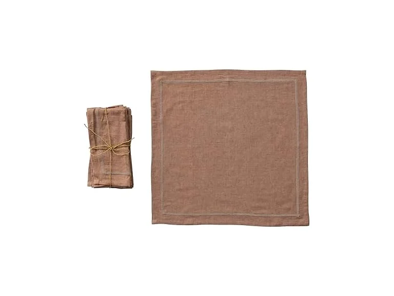 Bloomingville Linen Blend Napkins with Embroidered Boarder, Orange