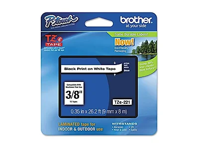Brother(R) TZe-221 Black-On-White Tape, 0.38in. x 26.2ft., BRTTZ221