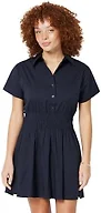 Amazon Essentials Women's Fit & Flare Cotton Poplin Collared Short Sleeve Dress with Elastic Waist, Navy, Medium