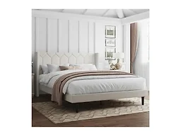 IOILORI Queen Size Bed Frame with Headboard, Velvet Upholstered Platform Bed Frame No Box Spring Needed, Queen Sized Modern Bedframe with Strong Wooden Slats, Beige