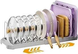MUDEELA Pots and Pans Organizer under Cabinet, Pan Pot Organizer Inside Cabinet, Expandable 12.9''-21.88'' Pot Lid Organizer Holder with 12 Adjustable Dividers for Cutting Boards, Pan Lid Rack, Grey